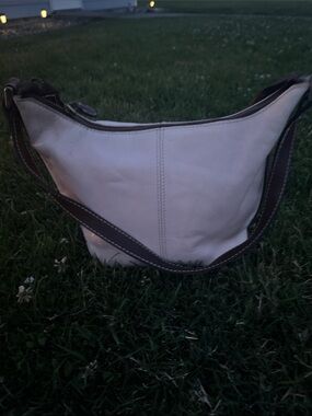 Cream Leather Shoulder Bag with Brown Trim